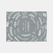 Couverture Polaire Feuilles blancs gris foncé Motif de monogramme flo (Devant (Horizontal))