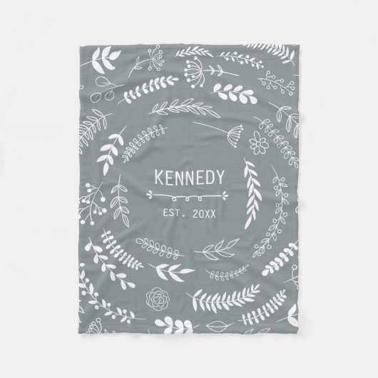 Couverture Polaire Feuilles blancs gris foncé Motif de monogramme flo (Devant)