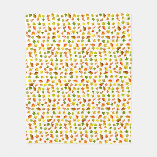 Couverture Polaire Feuilles d'automne dorées, vertes, orange sur blan (Devant)