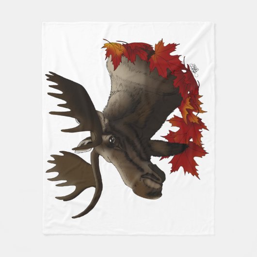 Couverture Polaire Feuilles de Érable Rouge avec un Orignal (Devant)
