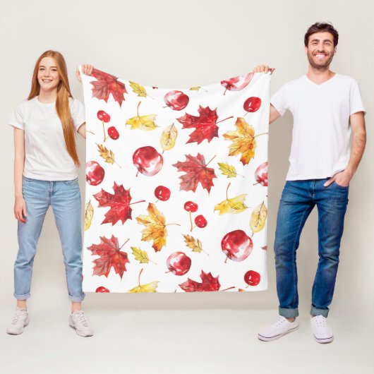 Couverture Polaire feuilles d'érable aquarelle, cerises, pommes (En situation)