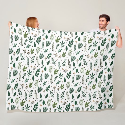 Couverture Polaire Feuilles et fleurs vertes sur blanc (En situation)