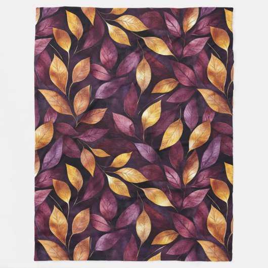 Couverture Polaire Feuilles Or Pourpre Bourgogne (Devant)