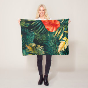 Couverture Polaire Feuilles tropicales colorées et fleurs d'Hibiscus