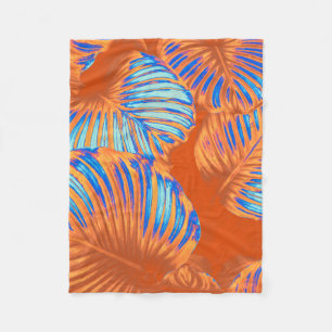 Couverture Polaire Feuilles tropicaux brûlés d'orange et de bleu élec