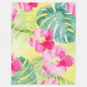 Couverture Polaire Feuilles tropicaux et fleurs d'Hibiscus Aquarelle (Devant)