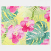Couverture Polaire Feuilles tropicaux et fleurs d'Hibiscus Aquarelle (Devant (Horizontal))