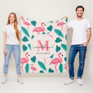 Couverture Polaire Feuilles tropicaux Flamant rose rose chaud Monogra