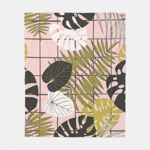 Couverture Polaire Feuilles tropicaux, fleurs, motif peint à la main.