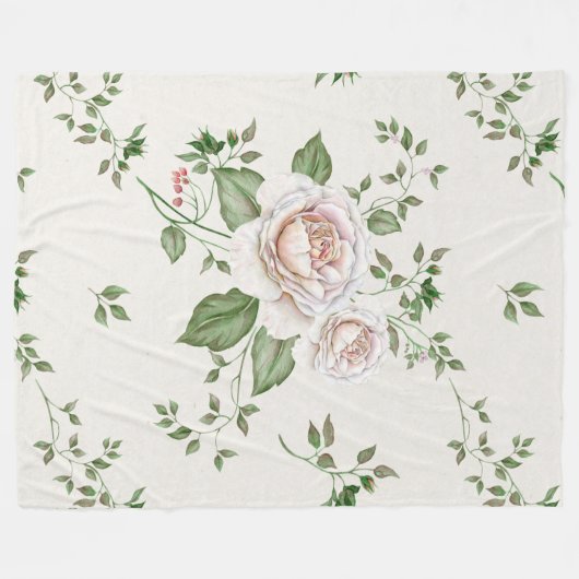 Couverture Polaire Feuilles vertes de Roses blanches (Devant (Horizontal))