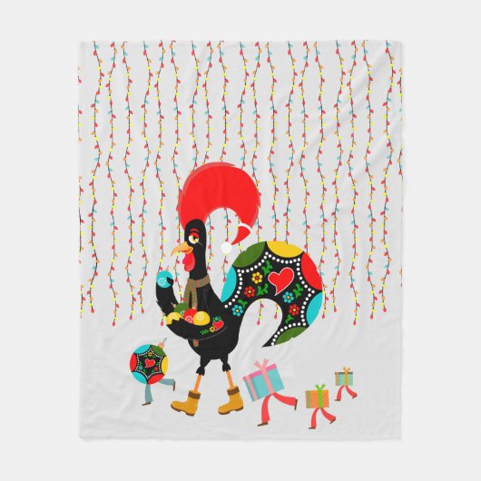Couverture Polaire Feux de Noël, baubles, cadeaux et coq (Devant)