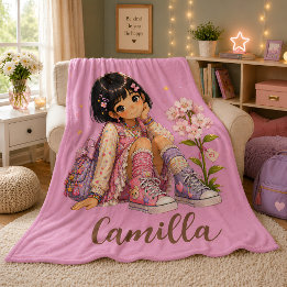 Couverture Polaire Fille aux cheveux foncés personnalisée nom