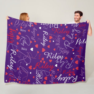 Couverture Polaire Fille Coeurs rouges sur bleu violet personnalisé