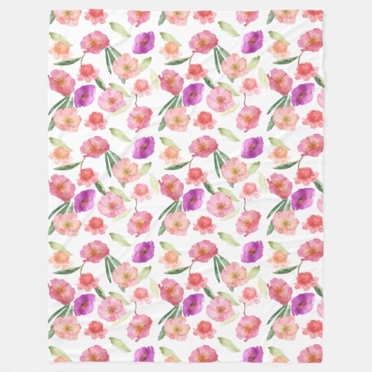 Couverture Polaire Fille Peach rose violet aquarelle Florale (Devant)