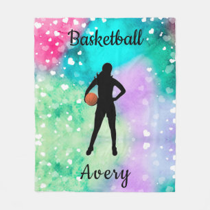 Couverture Polaire Filles Basketball Aquarelle avec Coeurs flottants