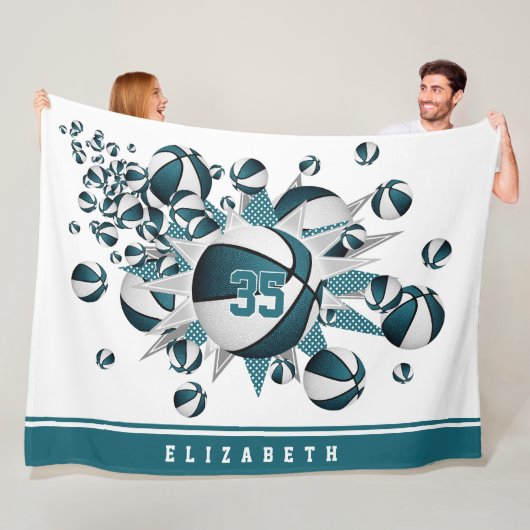 Couverture Polaire filles basketballs étoiles turquoise blanc personn (En situation)