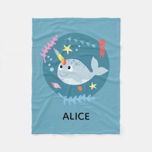 Couverture Polaire Filles mignonne arc-en-ciel Narwhal & Nom Turquois (Devant)