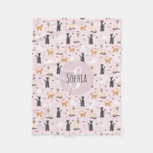 Couverture Polaire Filles mignonne Chat rose Caricature Motif & Nom E (Devant)