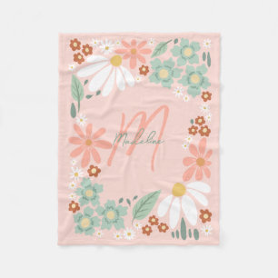 Couverture Polaire Filles Mignonnes Fleurs Rétro Monogramme Rose
