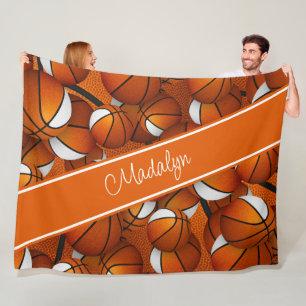Couverture Polaire filles orange blanc motif de basket personnalisé