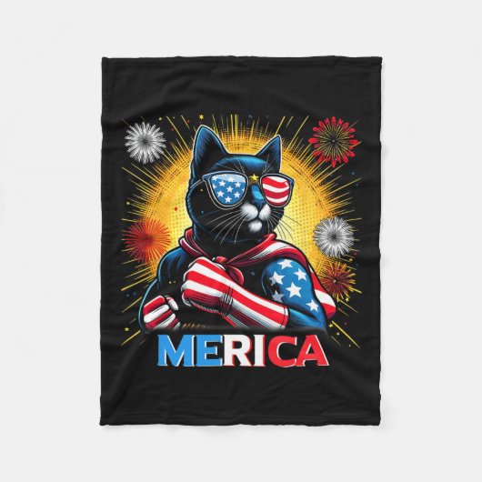 Couverture Polaire Fireworks Us Drapeau Patriotique Chat Noir (Devant)