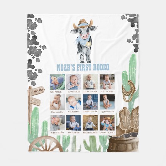 Couverture Polaire First Rodeo 1st Birthday 12 Month Photo Collage (Devant)