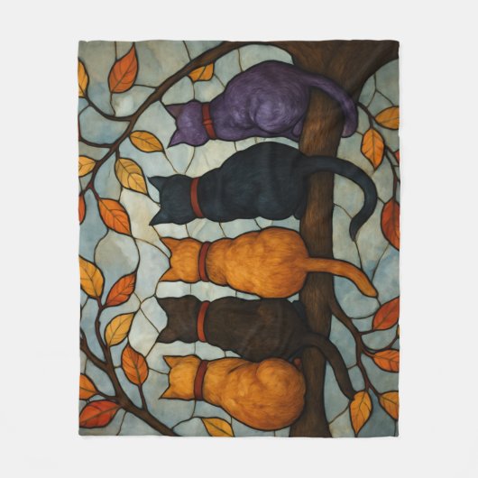 Couverture Polaire Five Cats on a Tree Branch Stained Glass Style (Devant)