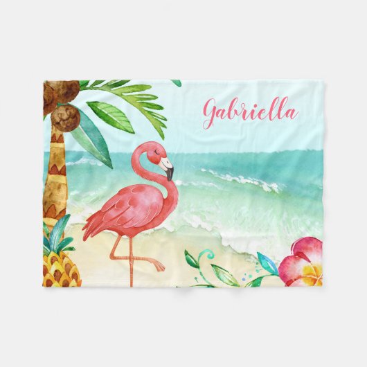 Couverture Polaire Flamant rose de plage tropical personnalisé (Devant (Horizontal))