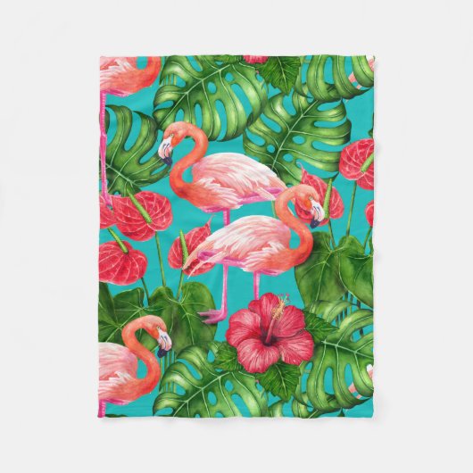 Couverture Polaire Flamant rose et aquarelle du jardin tropical (Devant)