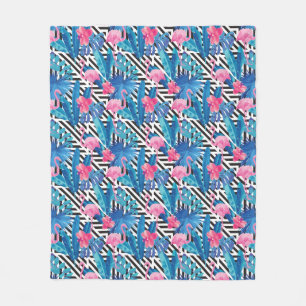Couverture Polaire Flamant rose et paumes sur le motif géométrique