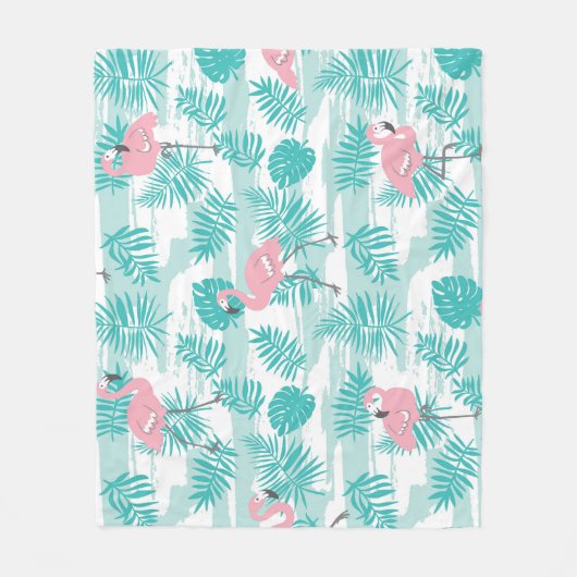 Couverture Polaire flamants roses, feuilles de palmiers verts, tropic (Devant)