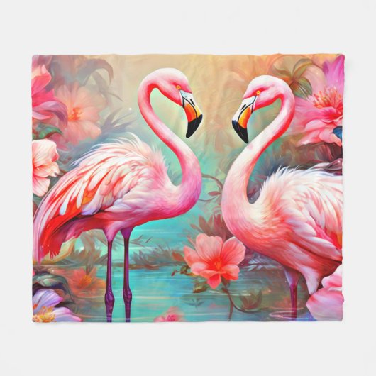Couverture Polaire Flamants roses roses dans un lac avec fleurs-20231 (Devant (Horizontal))