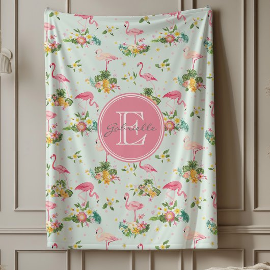 Couverture Polaire Flamants roses roses monogrammes Plantes Motifs tr