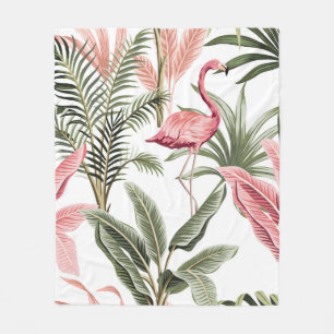 Couverture Polaire Flamingo vintage rose tropicale, bananiers et