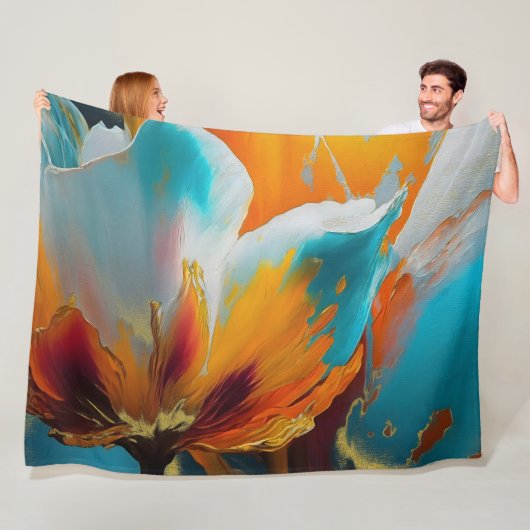 Couverture Polaire Fleur abstraite en orange et sarcelle (En situation)