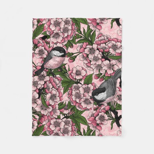 Couverture Polaire Fleur de cerisiers et poulets roses (Devant)