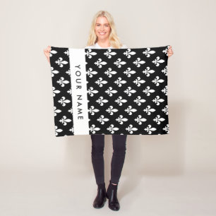 Couverture Polaire Fleur de Lis, Blanc sur Noir, Blanc, Votre Nom