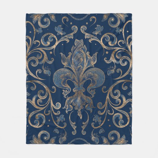 Couverture Polaire Fleur de lis, marbre bleu et or (Devant)