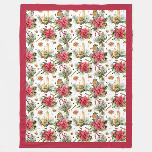 Couverture Polaire Fleur de Noël, oiseaux et bougies (Devant)