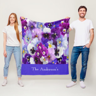 Couverture Polaire Fleur de pensée florale violette bleue blanche per