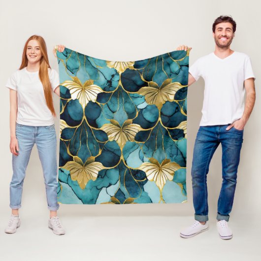 Couverture Polaire Fleur Japonaise Sarcelle Or (En situation)