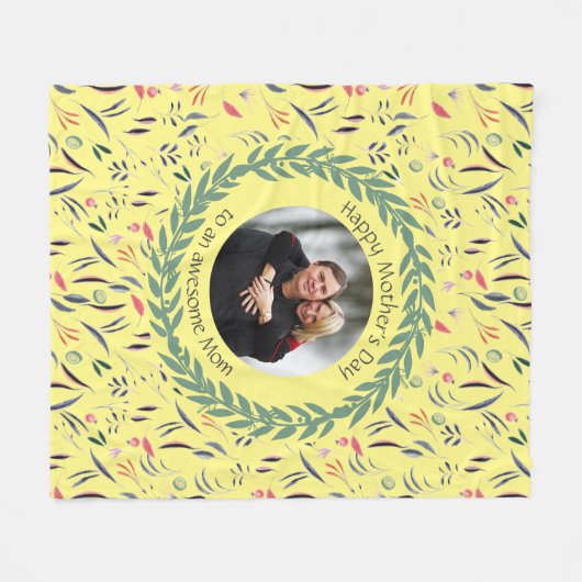 Couverture Polaire Fleur Jaune MOM AWESOME avec PHOTO Fête des Mères (Devant (Horizontal))