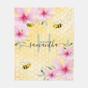Couverture Polaire Fleur rose abeilles monogramme jaune nid d'abeille