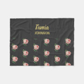 Couverture Polaire Fleur rose nom personnalisé gris (Devant (Horizontal))
