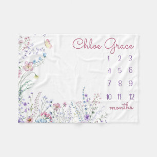 Couverture Polaire FLEUR SAUVAGE PERSONNALISÉ Baby Girl Milestone Bla