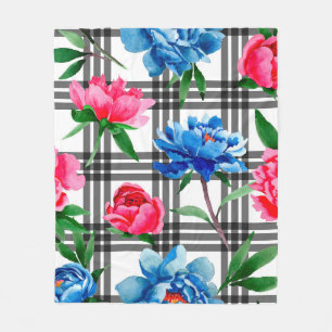 Couverture Polaire Fleur sauvage rouge et bleu pivoines fleurs motif 