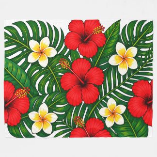 Couverture Polaire Fleur tropicale avec hibiscus et plumeria