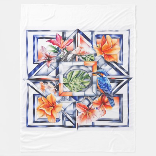 Couverture Polaire Fleur tropicale, botanique avec oiseau (Devant)