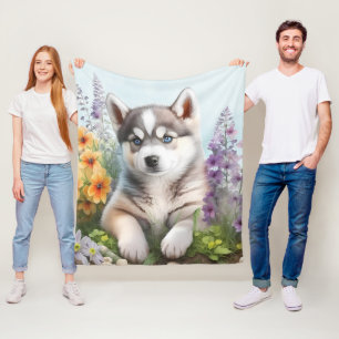 Couverture Polaire Fleurs à l'aquarelle et chiot husky sibérien