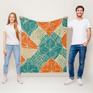 Couverture Polaire Fleurs abstraites sarcelle, orange et chamois